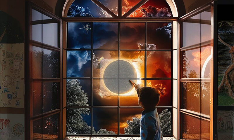 A young child stands in a dim room beside an open window, pointing toward a eclipse framed by glowing blue and red clouds. The window’s grid divides the sky like a painting, while children’s drawings cover the walls around the scene. At the top, the album title Eclipse of the Midnight Sun and the artist name Tale Cue appear in green lettering.