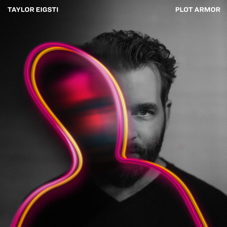Taylor Eigsti - Plot Armor cover artwork. a headshot of the pianist partially covered by a distorted illustration.