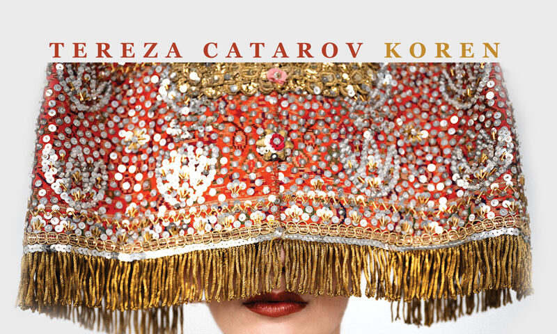 The album cover for Koren by Tereza Catarov features an image of a woman's face partially obscured by an ornate, beaded textile with gold fringe. Only her lips and bare shoulders are visible beneath the richly embroidered fabric. The artist's name appears above in serif lettering, with Tereza Catarov in red and Koren in gold.