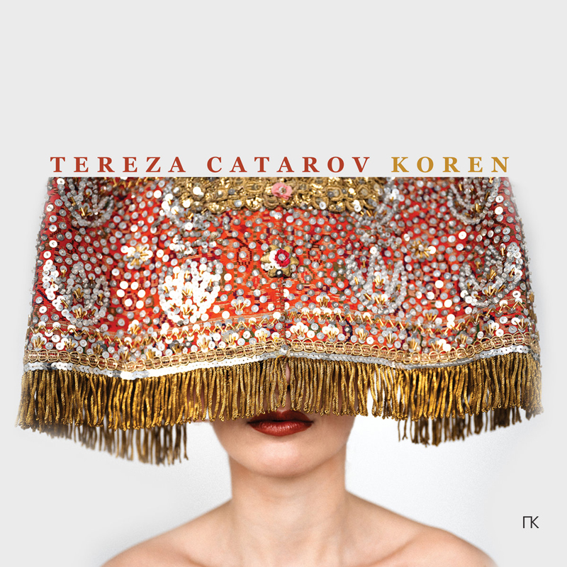 The album cover for Koren by Tereza Catarov features an image of a woman's face partially obscured by an ornate, beaded textile with gold fringe. Only her lips and bare shoulders are visible beneath the richly embroidered fabric. The artist's name appears above in serif lettering, with Tereza Catarov in red and Koren in gold.