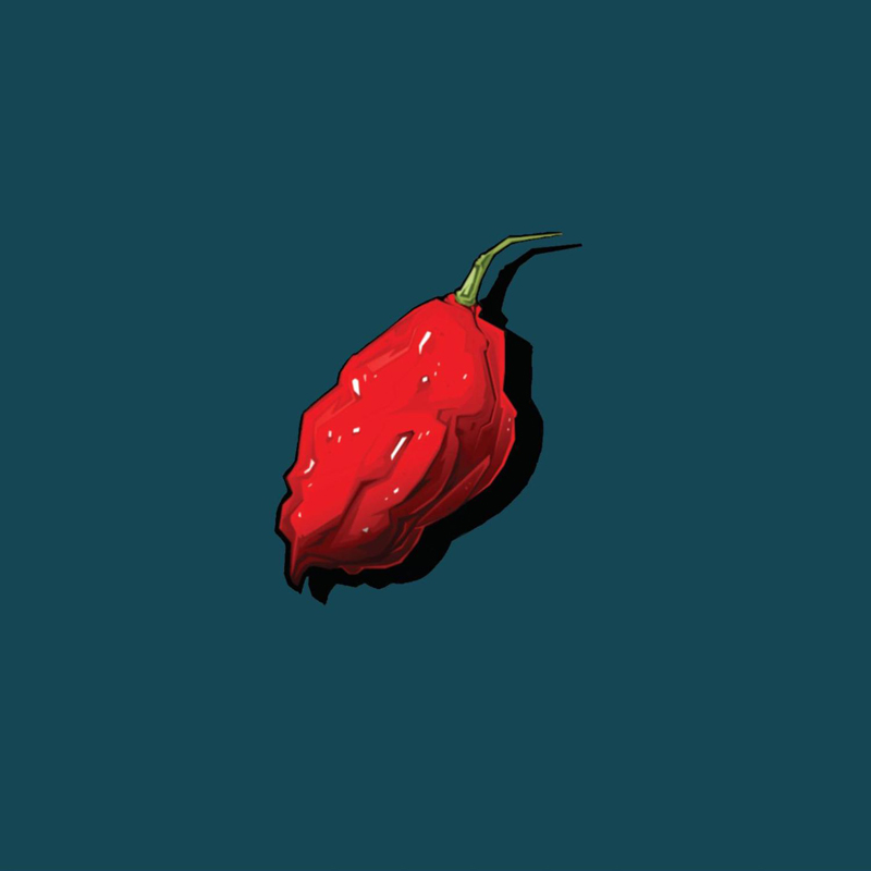 The Bob Lazar Story's Vanquisher album cover features a minimalist design with a single bright red chili pepper, possibly a ghost pepper, set against a deep teal background.