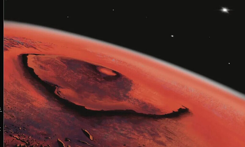 The album cover for The Book of Revelations: Chapter Two – Olympus Mons features a painted depiction of the Martian surface, dominated by the vast caldera of Olympus Mons, the solar system’s largest volcano. Set against a black star-speckled sky, the red-hued planet curves across the frame. The title appears at the top in serif font, with the chapter subtitle placed in the lower right corner.