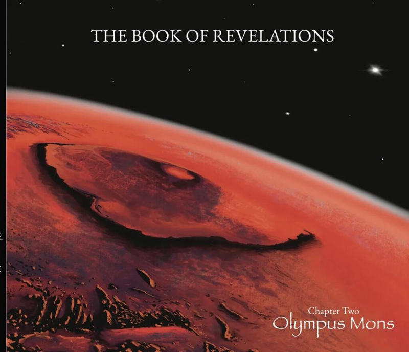 The album cover for The Book of Revelations: Chapter Two – Olympus Mons features a painted depiction of the Martian surface, dominated by the vast caldera of Olympus Mons, the solar system’s largest volcano. Set against a black star-speckled sky, the red-hued planet curves across the frame. The title appears at the top in serif font, with the chapter subtitle placed in the lower right corner.
