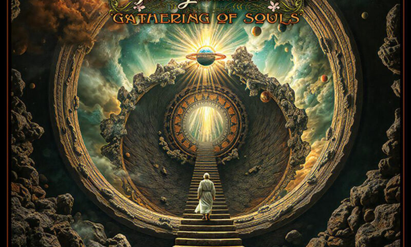The album cover for Gathering of Souls by The Guildmaster features a cosmic landscape dominated by a spiraling stone corridor that leads upward toward a radiant celestial light. At its center, a robed figure ascends a long staircase. Planetary bodies, ethereal clouds, and luminous energy frame the scene.