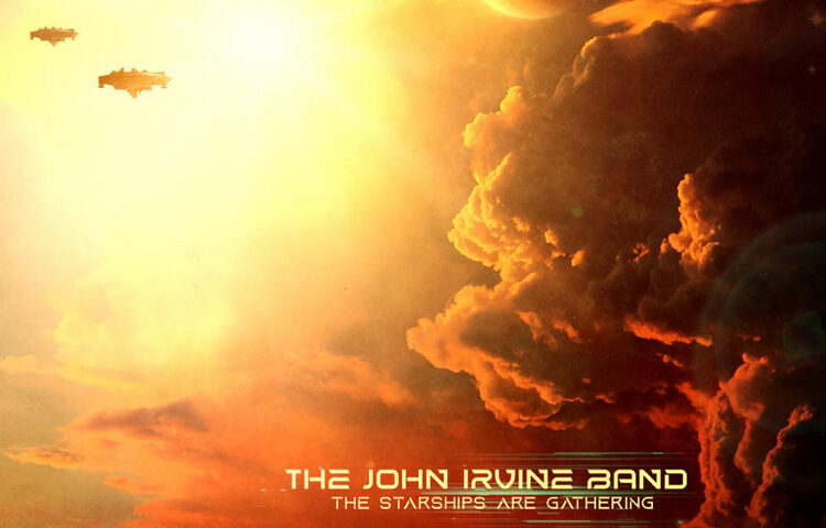 The John Irvine Band - The Starships Are Gathering cover artwork. a fantasy design with a mushroom cloud and spaceships in the sky.