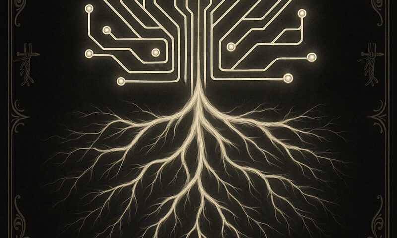 The Laconic Carbon artwork. A glowing diagram shaped like a tree rises from a dark background, its branches formed by circuit-like lines and its roots drawn as luminous organic filaments.