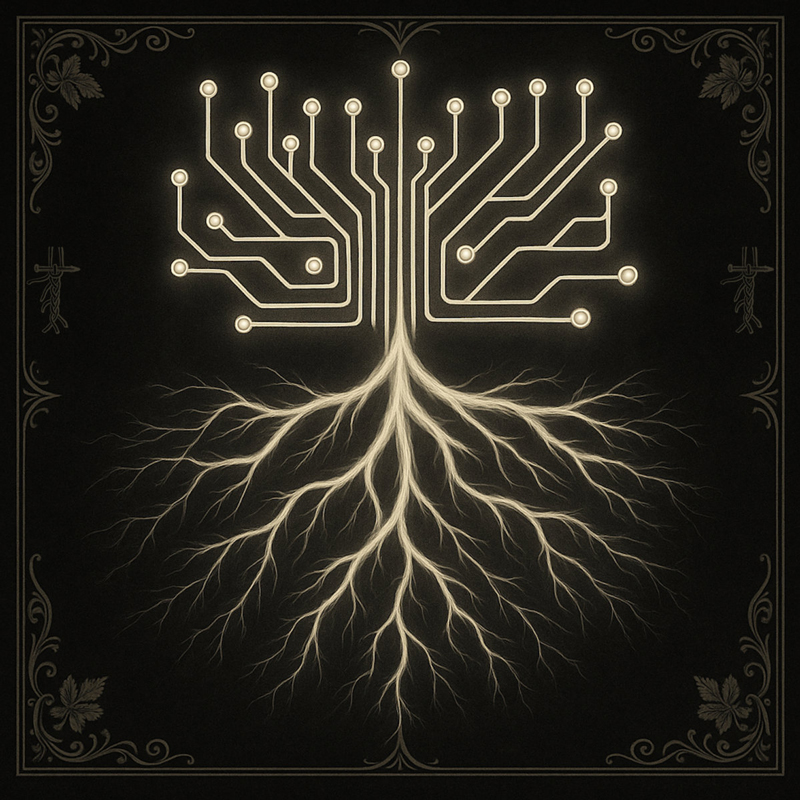 The Laconic Carbon artwork. A glowing diagram shaped like a tree rises from a dark background, its branches formed by circuit-like lines and its roots drawn as luminous organic filaments.