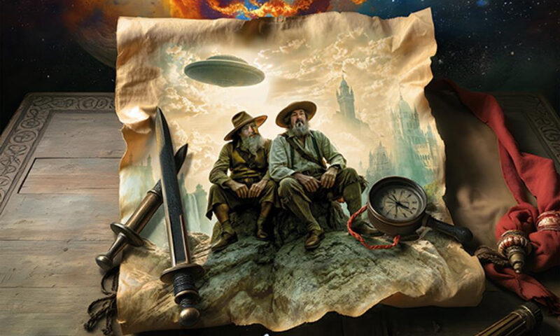 The cover of The Samurai of Prog – Omnibus-4: The Bernard & Pörsti Sessions features a fantastical, steampunk-inspired scene. At its center, two bearded adventurers in wide-brimmed hats (Bernard & Pörsti) sit on a rocky outcrop, gazing toward a dreamy, castle-filled sky where a UFO floats ominously. Surrounding them are symbolic items, a sword, compass, telescope, and scroll, set atop a wooden table. A cosmic sky bursts in the background. Artwork by Ed Unitsky.