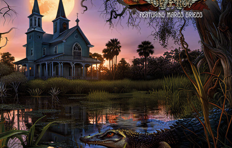 The Samurai of Prog – "A Quiet Town" cover artwork. Fantasy design of a Gothic house or church in a swamp with an alligator.