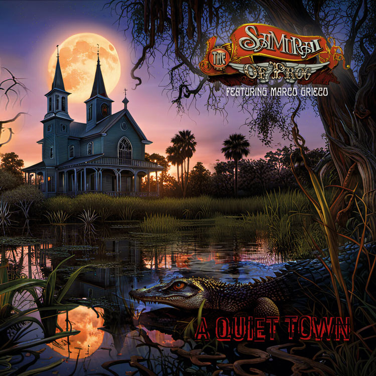 The Samurai of Prog – "A Quiet Town" cover artwork. Fantasy design of a Gothic house or church in a swamp with an alligator.