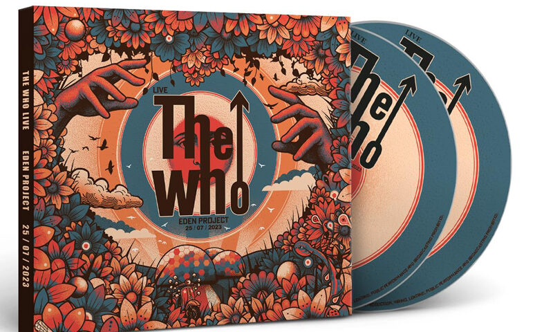 An album cover framed by red-orange and blue floral artwork. At the center, stylized hands reach toward each other around a circular sky-blue portal containing The Who logo, with clouds, birds, and mushrooms.