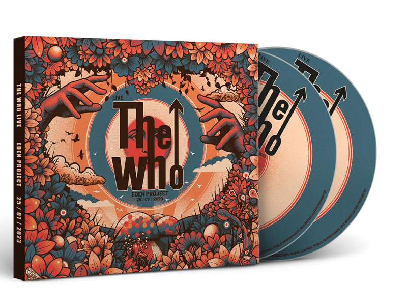 An album cover framed by red-orange and blue floral artwork. At the center, stylized hands reach toward each other around a circular sky-blue portal containing The Who logo, with clouds, birds, and mushrooms.