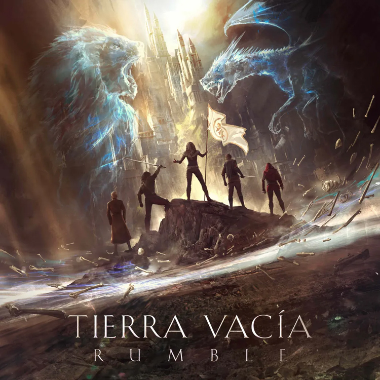 Tierra Vacía – "Rumble cover artwork. Silhouetets of the five musicians with two large creatures in the back.