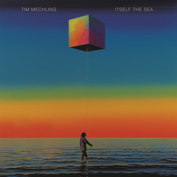 Tim Mechling – "Itself the Sea" cover artwork. a man walking in the sea carrying a cube kite.