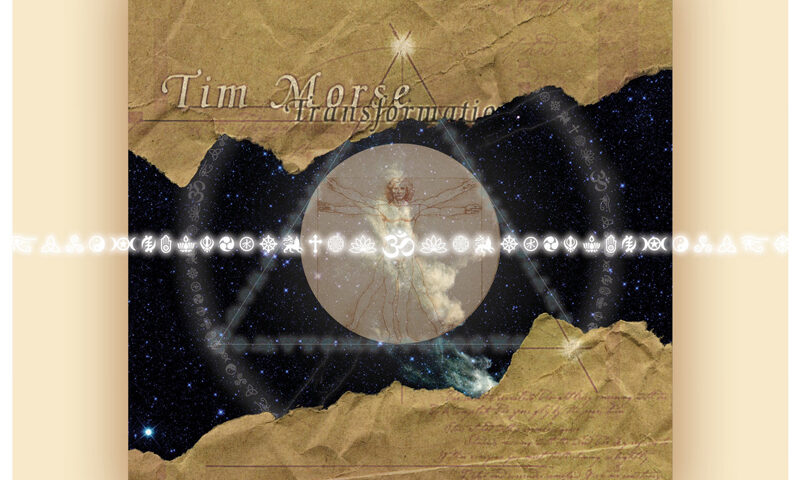 The cover for Tim Morse's Transformation: 20th Anniversary Edition features a torn paper motif revealing a cosmic night sky. At its center is a circular image of a Vitruvian-style figure amid clouds. The title appears above, with a row of mysterious symbols along the bottom and a note about remastering and bonus tracks.