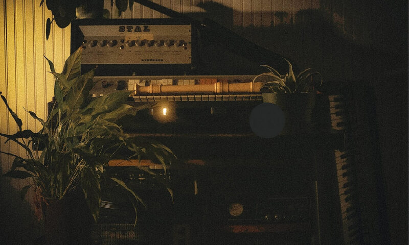 The Beginnings cover shows a dimly lit corner filled with vintage gear, including an amplifier, keyboards, and small plants arranged on and around the equipment.