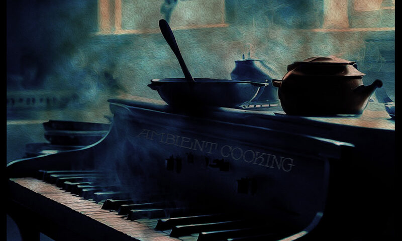 Tomas Bodin - Ambient Cooking cover artwork. an image of a piano with a teapot and bowl on top and synths in the background.