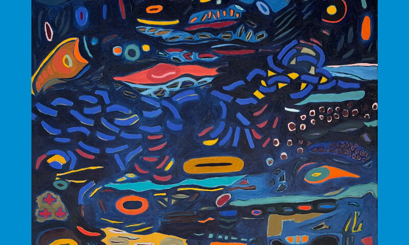 The album cover for Tomo Nakaguchi – Out Of The Blue features a colorful painting framed by a bright blue border. The artwork depicts an underwater-inspired scene with flowing, organic shapes in deep blues, oranges, yellows, and reds. The artist’s name appears in small light blue text on the upper left, while the album title, also in lowercase, sits on the upper right.