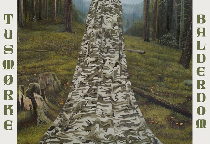 A tall figure draped in gray-and-olive camouflage cloth stands in the center of a forest clearing, the fabric flowing outward toward the foreground like a long train. The background shows slender trees, mossy ground, tree stumps, and a misty horizon. Vertical text frames the image: “Tusmørke” on the left and “Balderdom” on the right.