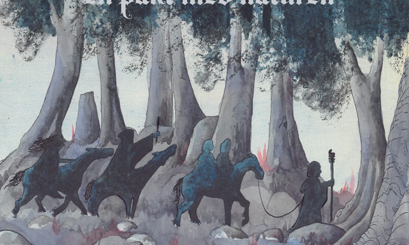 The album cover for En Pakt Med Naturen by Tusmørke features a watercolor-style illustration of shadowy riders and a cloaked figure leading a horse through a mystical forest. Towering trees and winding roots. Gothic font of the band’s name and album title.