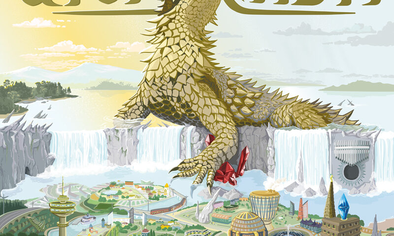 Utopianisti - Reason in Motion cover artwork. A giant lizard over a city.