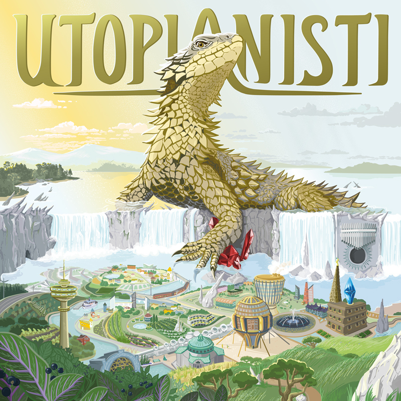 Utopianisti - Reason in Motion cover artwork. A giant lizard over a city.