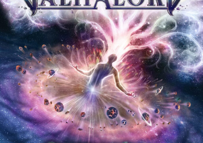 The album cover for Valhalore – Beyond the Stars features a radiant cosmic scene where a luminous humanoid figure stands at the center of an explosive galactic swirl. Streams of light and ethereal energy rise from the figure’s head, merging with nebulae and stardust. Floating celestial bodies and planetary debris orbit around them. The band’s name appears in ornate metallic lettering, while the album title glows subtly below.