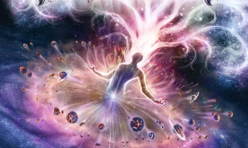 The album cover for Valhalore – Beyond the Stars features a radiant cosmic scene where a luminous humanoid figure stands at the center of an explosive galactic swirl. Streams of light and ethereal energy rise from the figure’s head, merging with nebulae and stardust. Floating celestial bodies and planetary debris orbit around them. The band’s name appears in ornate metallic lettering, while the album title glows subtly below.