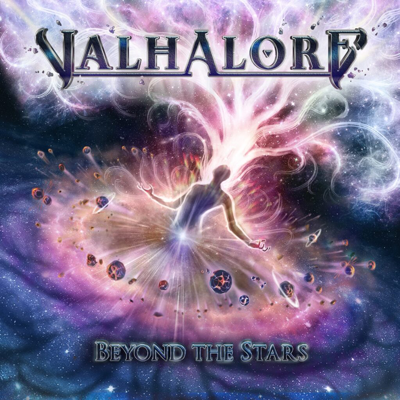 The album cover for Valhalore – Beyond the Stars features a radiant cosmic scene where a luminous humanoid figure stands at the center of an explosive galactic swirl. Streams of light and ethereal energy rise from the figure’s head, merging with nebulae and stardust. Floating celestial bodies and planetary debris orbit around them. The band’s name appears in ornate metallic lettering, while the album title glows subtly below.