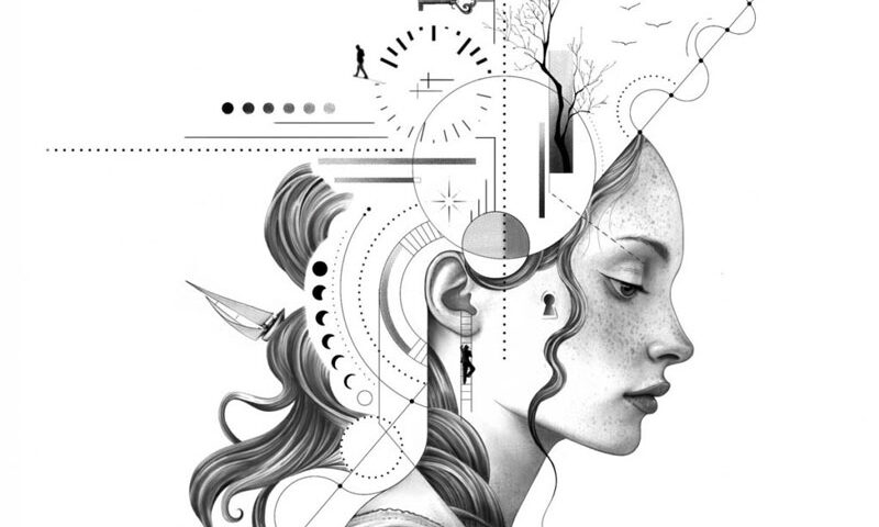 The album cover for World’s Beyond – Rhapsody of Life presents a surreal, monochromatic illustration of a woman's profile, seamlessly merging human features with abstract geometric elements and symbolic imagery. Her face, serene and introspective, is intertwined with intricate mechanical and celestial motifs—clocks, constellations, and architectural structure. A keyhole appears within her ear, while her flowing hair transforms into fluid, mathematical patterns.