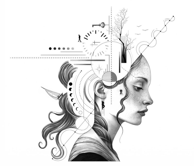 The album cover for World’s Beyond – Rhapsody of Life presents a surreal, monochromatic illustration of a woman's profile, seamlessly merging human features with abstract geometric elements and symbolic imagery. Her face, serene and introspective, is intertwined with intricate mechanical and celestial motifs—clocks, constellations, and architectural structure. A keyhole appears within her ear, while her flowing hair transforms into fluid, mathematical patterns.