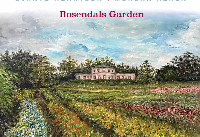 A painting of a landscape shows a lush formal garden in full bloom, with long rows of colorful flowers leading toward a pink classical building centered in the distance. Brushstrokes render trees and a cloudy sky in blues and greens. The title and artist names appear above the scene.