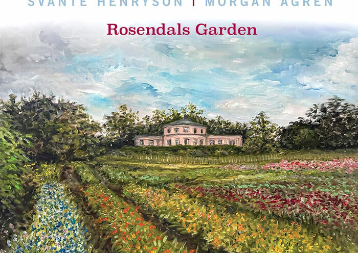 A painting of a landscape shows a lush formal garden in full bloom, with long rows of colorful flowers leading toward a pink classical building centered in the distance. Brushstrokes render trees and a cloudy sky in blues and greens. The title and artist names appear above the scene.