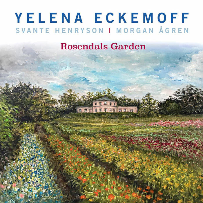 A painting of a landscape shows a lush formal garden in full bloom, with long rows of colorful flowers leading toward a pink classical building centered in the distance. Brushstrokes render trees and a cloudy sky in blues and greens. The title and artist names appear above the scene.