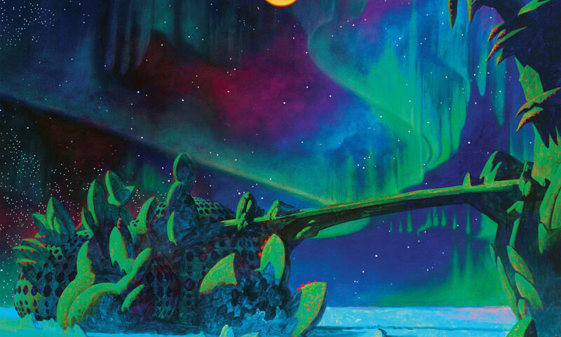 The cover of Aurora by Yes features an otherworldly landscape illuminated by brilliant green, turquoise, blue, and purple northern lights. Strange, spiky alien vegetation surrounds a luminous icy expanse beneath a star-filled sky. A twisted tree branch stretches across the scene, while the band's ornate red-and-yellow logo floats near the top.