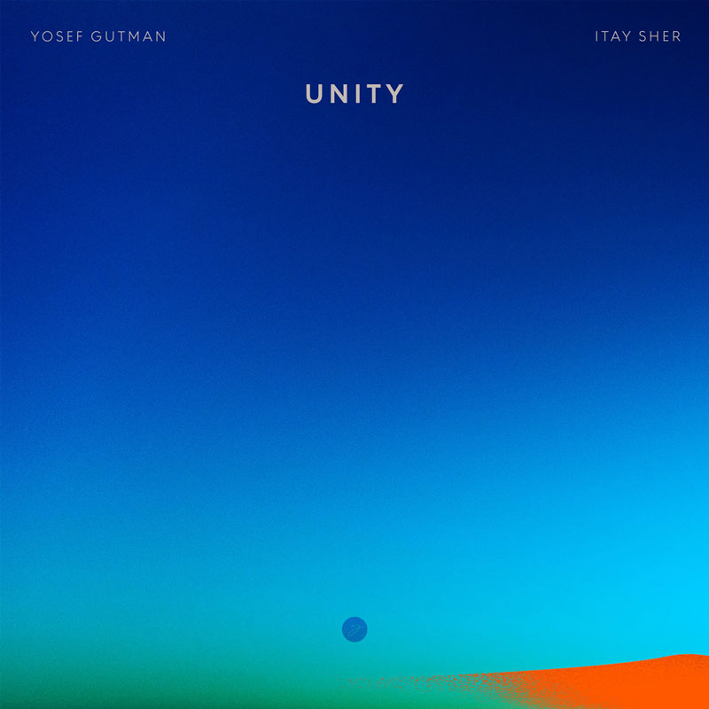 The album cover for Unity by Yosef Gutman Levitt & Itay Sher features a minimalist gradient design. The background transitions from deep blue at the top to a lighter turquoise hue towards the bottom. A small, subtle circular shape, possibly representing a moon or planet, is visible near the lower part of the cover. In the bottom right corner, a warm orange hue appears, contrasting against the cool blue tones. The typography is clean and understated, with the album title Unity centered in white uppercase letters, while the artists' names are positioned discreetly in the upper corners