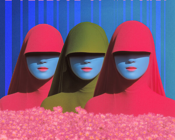 The cover for A Paradox Of Witches features three faceless women with blue skin and covered heads, two in red, one in olive green, emerging from a pink field of flowers. Behind them, vertical blue gradients rise against a darker blue background. The title appears above in geometric lettering.