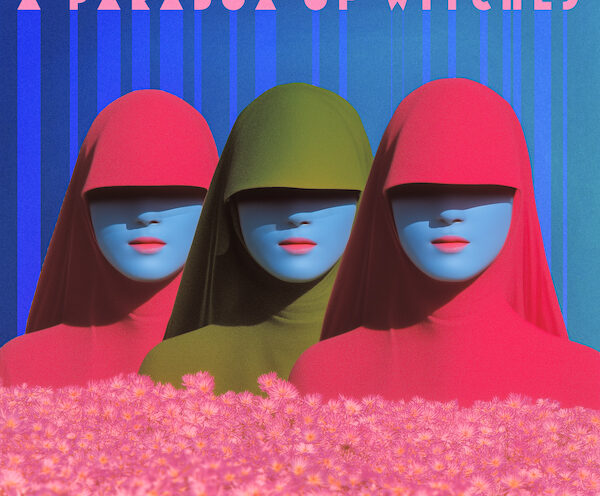 The cover for A Paradox Of Witches features three faceless women with blue skin and covered heads, two in red, one in olive green, emerging from a pink field of flowers. Behind them, vertical blue gradients rise against a darker blue background. The title appears above in geometric lettering.