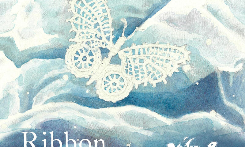 The album cover for Ribbon Butterfly by Yuka & Chronoship features a lace-like butterfly set against a watercolor backdrop of swirling blues and whites. The band’s name appears in a stylized, organic font in the lower right corner, while the album title is set in serif type on the left.