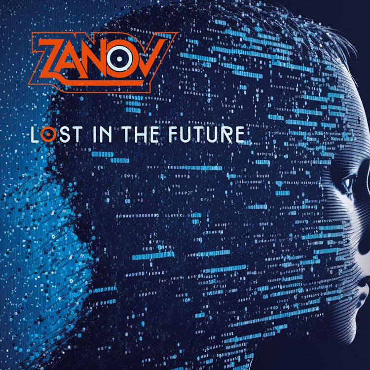 Zanov - Lost in the Future cover artwork. A futuristic illustration of a human's head traveling through time.