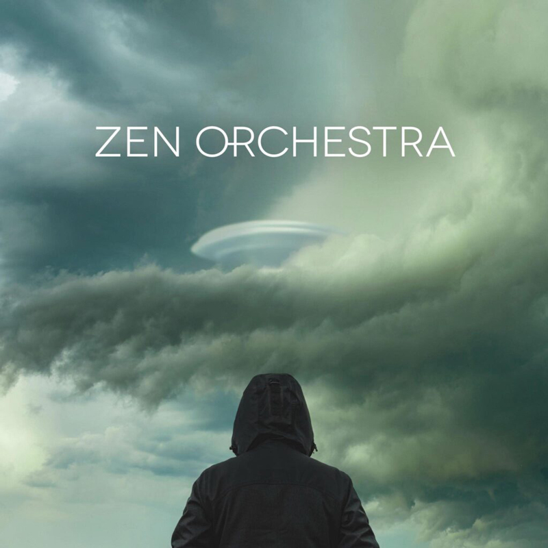 A hooded figure stands beneath a swirling sky as a UFO emerges from the clouds. Above, the title Zen Orchestra appears.