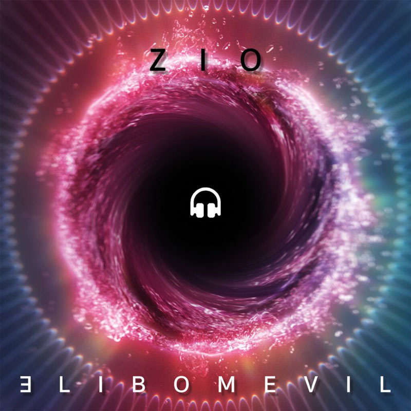 Zio - "Elibomevil cover artwork. A spiral design with an icon of headphones in the middle.