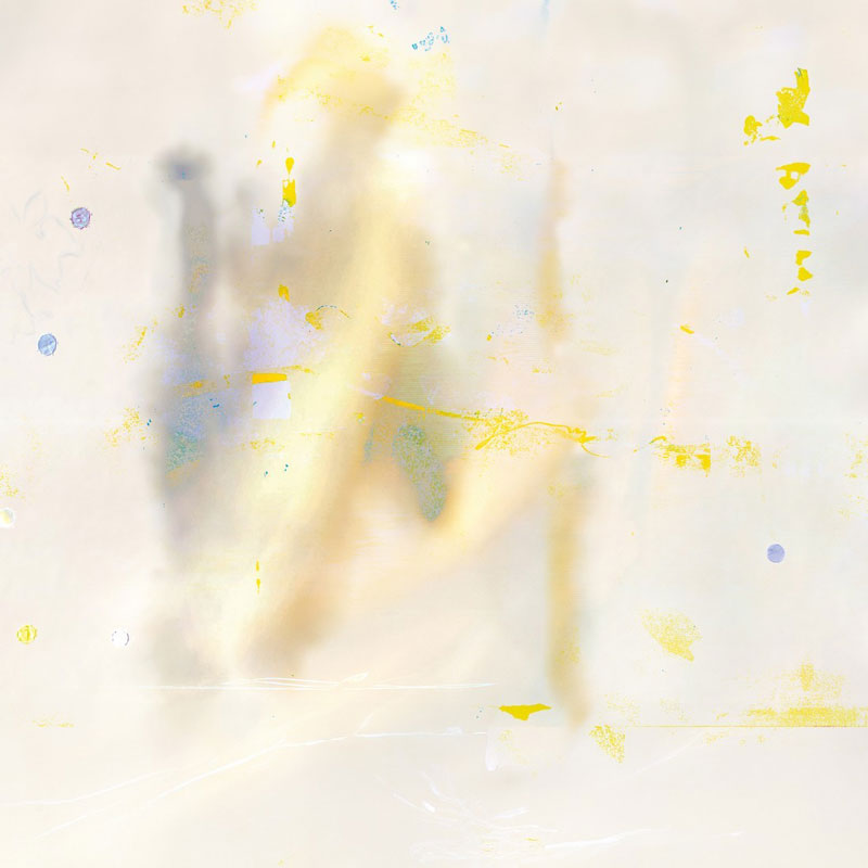 The album cover for Claire Rousay & Gretchen Korsmo – Quilted Lament features a softly abstract composition. A pale wash of cream and off-white forms the backdrop, overlaid with delicate smudges of pastel yellow, blue, and faint lavender. Ghostly silhouettes—possibly human figures—emerge in the haze, blurred to the point of near-erasure.