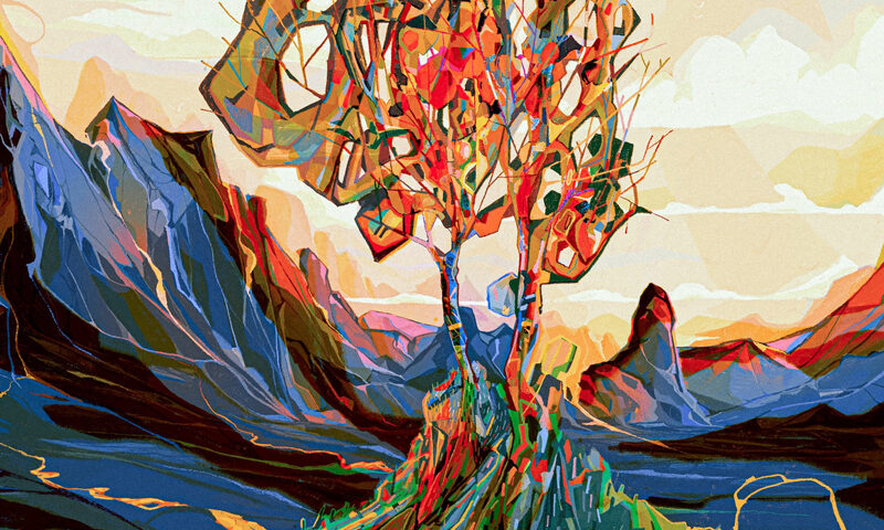 delving All Paths Diverge cover artwork. A surrealist painting of a tree and mountains.