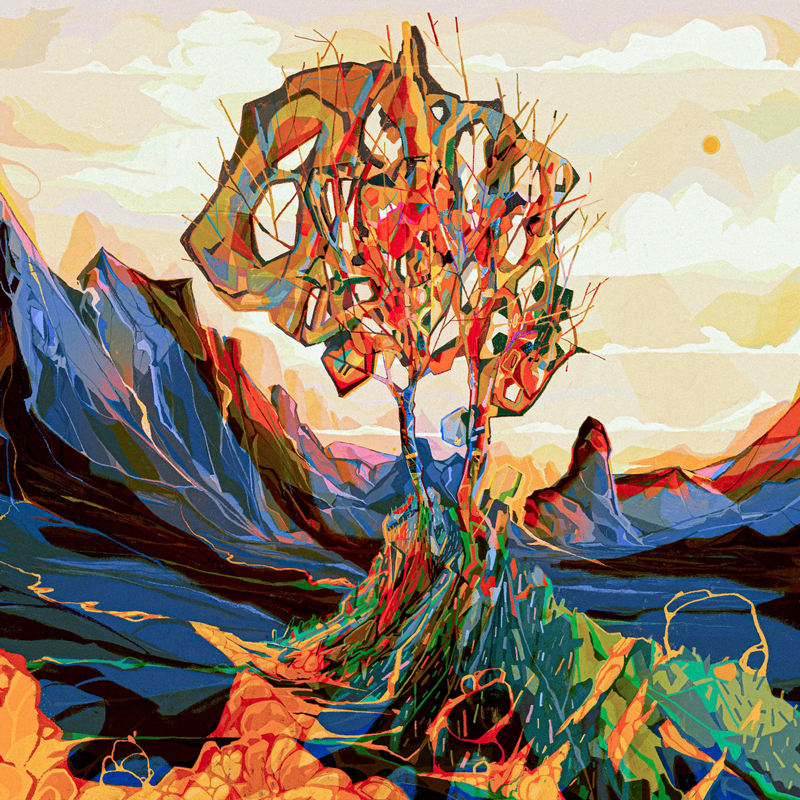 delving All Paths Diverge cover artwork. A surrealist painting of a tree and mountains.