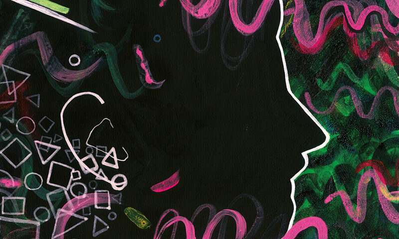 The album cover for La Materia del Suono by Diego Petrini features a stylized black silhouette of a human head in profile, outlined in white. Surrounding the head are abstract, colorful shapes—pink and green waves, geometric symbols, and brushstroke-like designs. The artist's name appears in bold, white block text in the upper left, while the album title is placed in the lower right using a similar geometric font.
