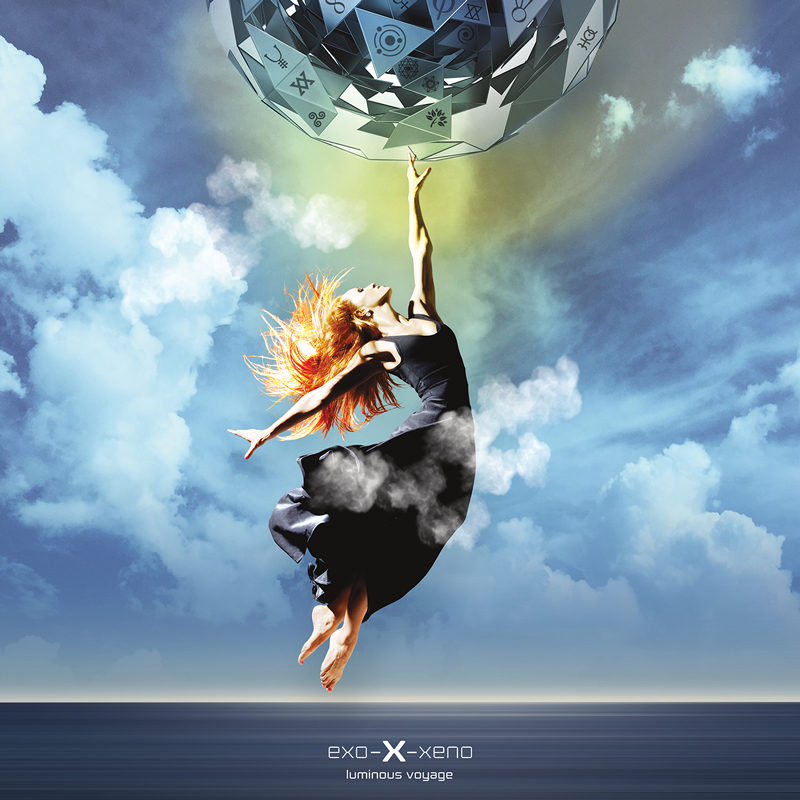 The album cover for exo-X-xeno – Luminous Voyage – Flight features a barefoot woman in a flowing black dress with flaming red hair that floats skyward, reaching toward a massive orb inscribed with cryptic symbols. She rises above a calm ocean under a sky streaked with clouds and light.