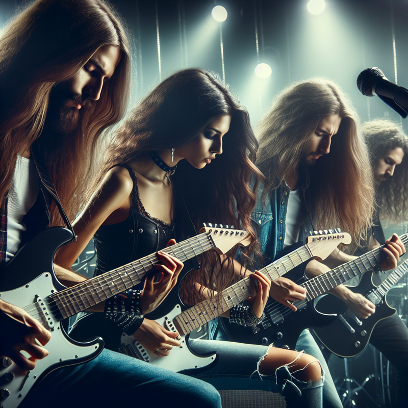 Jam rock band illustration. It shows three long haired men and one woman playing guitars live.