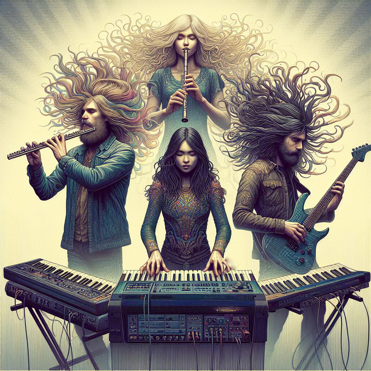 Best Progressive Rock Albums and Rising Stars of 2023 illustration. Four musicians playing keyboard, flutes and electric guitar.
