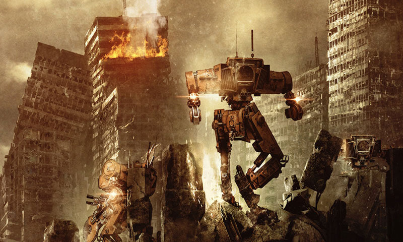 The album cover for Here Come the Robots! by The John Irvine Band depicts a post-apocalyptic cityscape with crumbling, burning skyscrapers. Amid the ruins, large, menacing robots stride through the rubble.